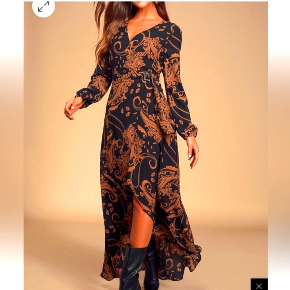 Lulus Black and Gold maxi dress with front split